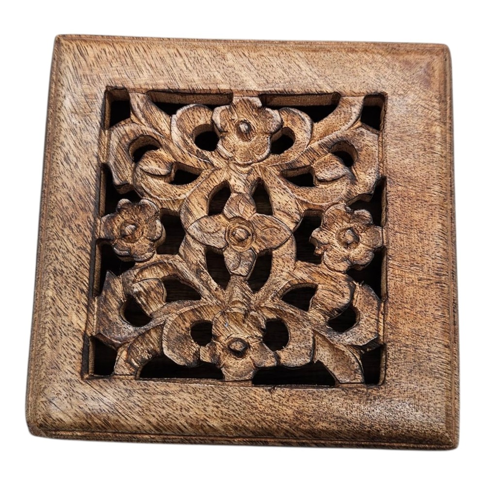 Reticulated Floral Flower Cut Out Wooden Trinket Box Hinged Square Carved 5.25"